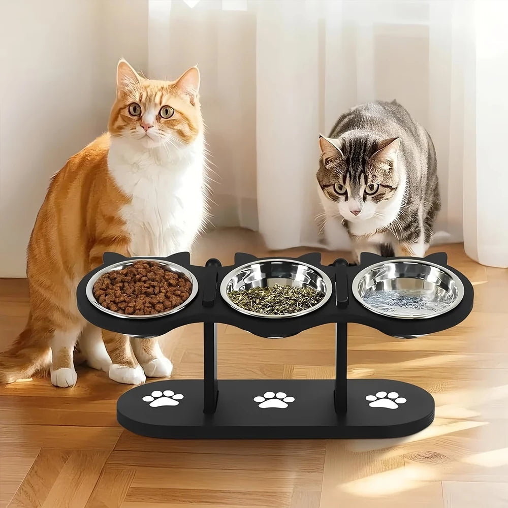 Elevated Black Cat Ear 3 Bowl Cat Feeder Solid Wood Frame and Stainless Steel Bowls Pet Feeding Rack for Indoor Multiple  Cats