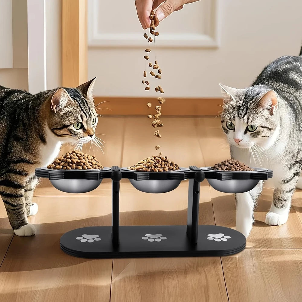 Elevated Black Cat Ear 3 Bowl Cat Feeder Solid Wood Frame and Stainless Steel Bowls Pet Feeding Rack for Indoor Multiple  Cats