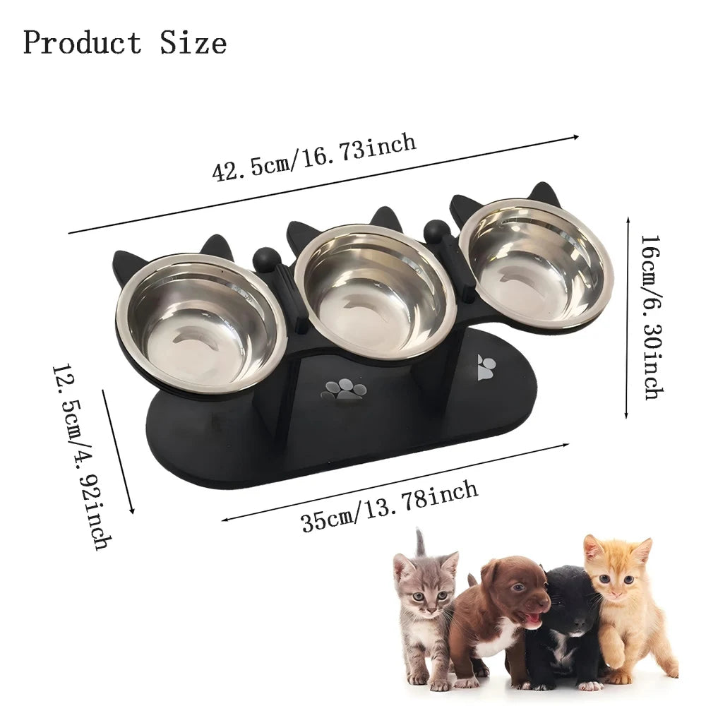 Elevated Black Cat Ear 3 Bowl Cat Feeder Solid Wood Frame and Stainless Steel Bowls Pet Feeding Rack for Indoor Multiple  Cats