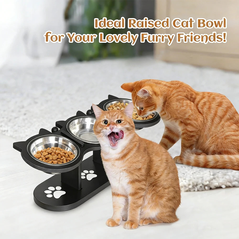 Elevated Black Cat Ear 3 Bowl Cat Feeder Solid Wood Frame and Stainless Steel Bowls Pet Feeding Rack for Indoor Multiple  Cats